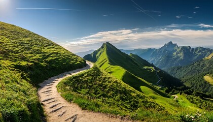 winding path ascends a lush green mountain