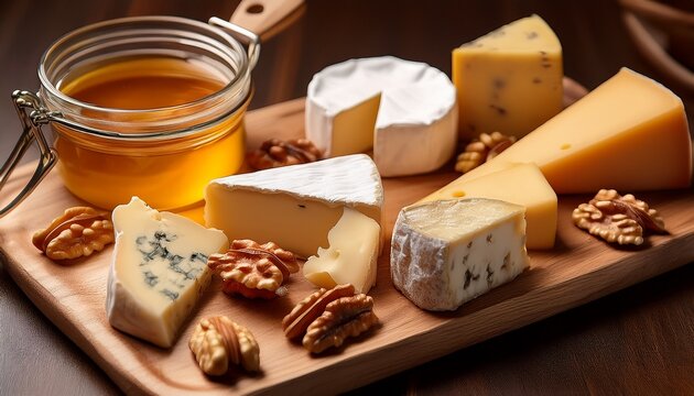 assorted cheeses including brie parmesan cheddar gouda and gorgonzola served with walnuts and honey on a rustic wooden tray a flavorful selection of appetizers perfect for gatherings