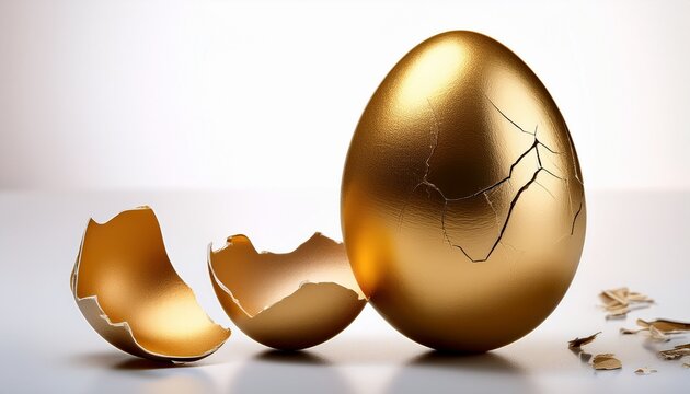 close up of a cracked golden egg with a small broken shell piece beside it on a white surface evoking fragility and preciousness