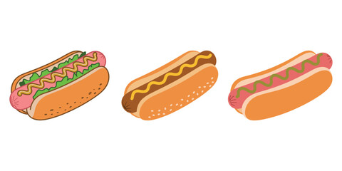Vector illustration of three hot dogs with different toppings—ketchup, mustard, relish—isolated on white background for food design