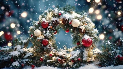 Obraz premium christmas tree decorated winter wreath x mas balls ornaments and lights snow covered holiday decorations festive fir tree background