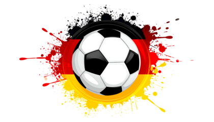 A soccer ball sits atop a splash of paint in German flag colors, on a black background