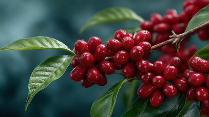 Obraz premium Branch with vibrant red coffee cherries & glossy green leaves on blurred background