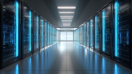 Futuristic Data Storage Center Featuring Sleek Server Rows and Advanced Technology High-Tech Environment Modern Architecture Interior Viewpoint for Enhanced Data Management Efficiency