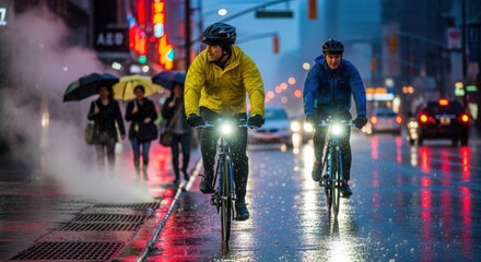 Cyclists Ride Bikes in Rain at Night on City Street for Blogs about Urban Commuting, Weather Reports, Sustainable Transportation, Rainy Day Cycling, and City Lifestyle