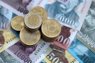 Hungarian Forint currency money bills and coins. Many HUF currency banknotes and coins close up