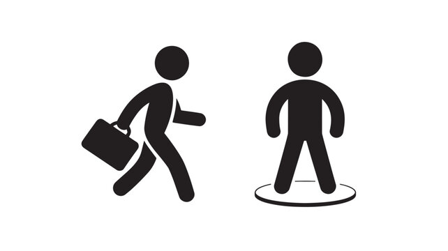 Stick figure leaving a circle carrying a briefcase simple flat vector icon for business concepts isolated on white background