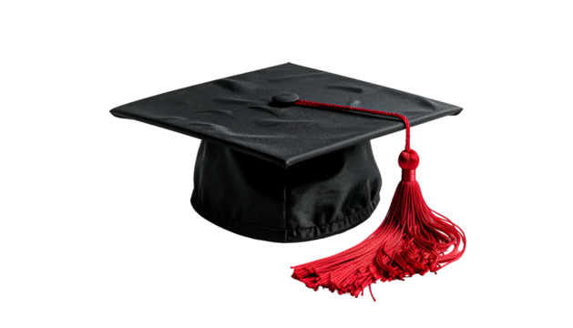 A graduation cap with a red tassel against a black background