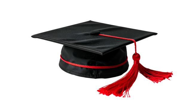 Isolated black mortarboard with a red tassel, the symbol of graduation and achievement