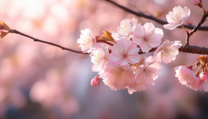 Fototapeta premium delicate soft pink cherry blossoms in full bloom on thin brown branches with a softly blurred pastel background evoking calm and beauty