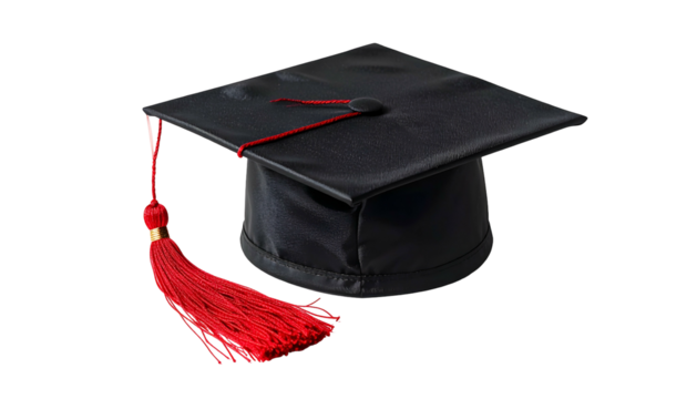 A close-up of a black graduation cap with a red tassel and gold accent - Powered by Adobe