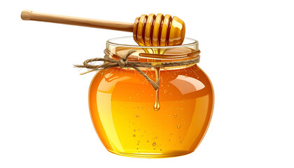 A jar of golden honey with a dipper, some dripping, against a black background