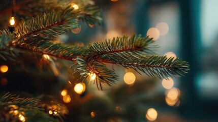 closeup of a christmas tree branch with blurry christmas lights for a festive holiday background