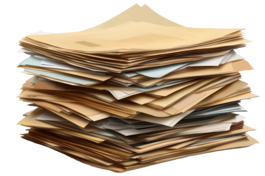 Stack of documents placed on a flat surface in a well-lit room, showcasing various types and colors of paper in an organized disarray