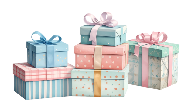 A collection of pastel colored gift boxes stacked together, tied with ribbons