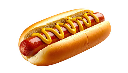 Close-up of a perfectly constructed hot dog on a bun, topped with yellow mustard