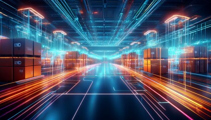 a mesmerizing futuristic ai powered logistics hub featuring glowing cybernetic supply chain pathways pulsating holographic warehouse automation grids and swirling quantum enhanced delivery network