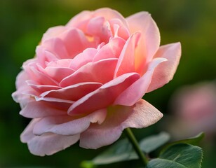 side perspective of a pink rose blooming in a garden with a gentle blur effect high resolution image