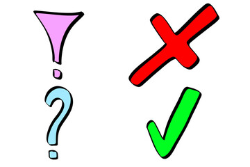Colorful Hand Drawn Check Mark, Cross, Question and Exclamation Marks &ndash; Fun Doodle Symbols Set
