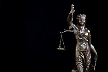 Lady Justice dark statue in law on black backdrop. Law and justice concept