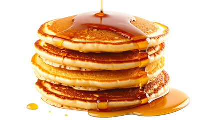 Stack of golden brown pancakes with maple syrup cascading down, isolated on white
