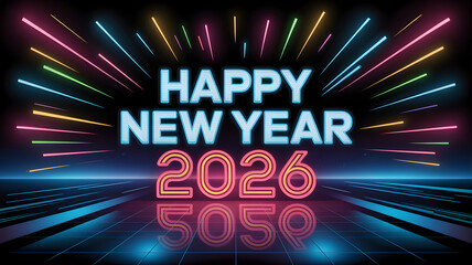 Retro neon 2026 Background illustration with colorful fireworks and glowing lines,generative ai