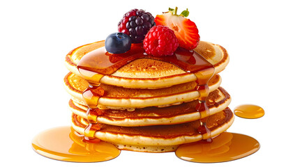 Stack of golden pancakes, drizzled with syrup, topped with berries, on transparent background