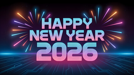 Futuristic tech 2026 Background illustration with fireworks and digital grid lights,generative ai