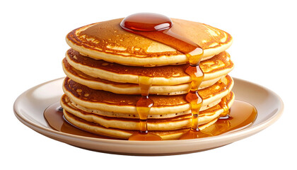 Stack of golden brown pancakes on a plate, drizzled generously with syrup