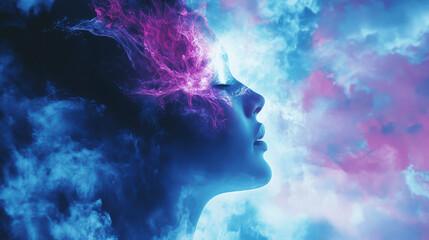 Artistic representation of a woman with colorful smoke effects in a dreamlike setting during a nighttime scene Generative AI