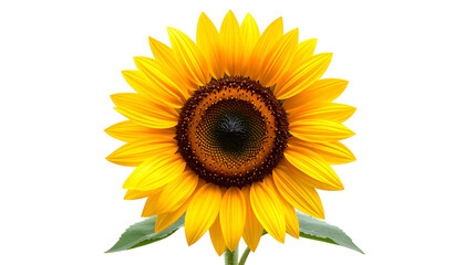Naklejka premium A vibrant sunflower blooms with bright yellow petals, dark center, and green leaves