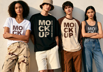 Group of Diverse Young People Standing in Modern Streetwear Clothing Mockup