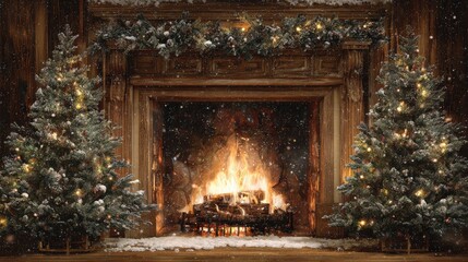 festive christmas tree branches weave through the flames of a roaring fireplace as snowflakes gently fall outside fireplace winter wonderland wooden mantel decor