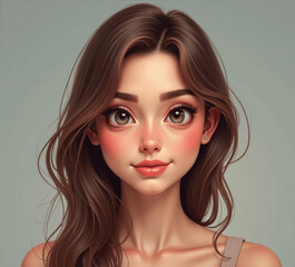 Young woman with long brown hair and bright eyes posing against a neutral background in a casual setting Generative AI
