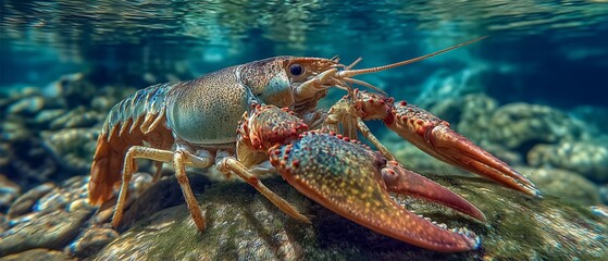 A close-up of a crayfish stands boldly on the ocean floor, its vibrant colors contrasting with the rocky seabed. The underwater scene captures its natural habitat and striking presence.