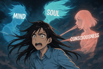 Young person expresses strong emotions as mind, soul, and consciousness figures surround them during a dramatic scene at night Generative AI