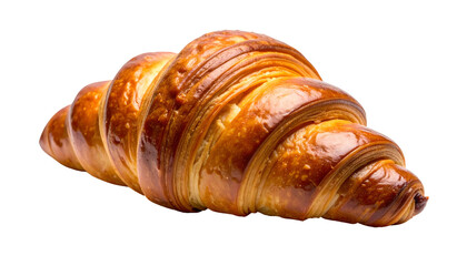 A golden, flaky croissant with a glossy, caramelized crust, isolated on black