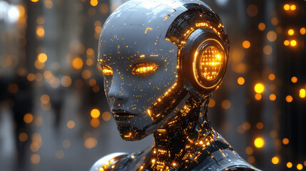 Futuristic robot with glowing features and intricate details in a vibrant urban setting at night Generative AI