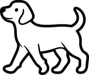 Walking puppy outline, gentle black lines, white background, kids-friendly and sticker-ready vector, clean minimal style, no gradients