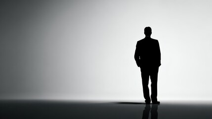 Obraz premium image of businessman silhouette standing with back no logos no brands ar 169
