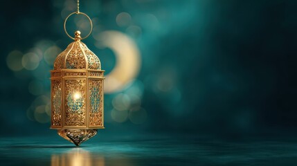 ornate gold lantern glows on dark teal texture soft bokeh moon festive holiday celebration social media template ramadan background