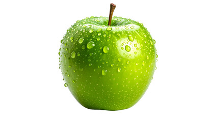 A crisp green apple with water droplets, isolated on a black background, stem visible
