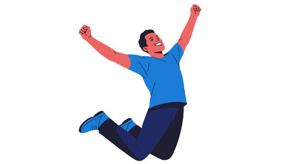 A cheerful individual jumping joyfully with arms raised in mid-air.