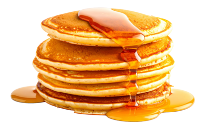 Stack of fluffy golden pancakes drenched in rich, flowing amber syrup, isolated on black