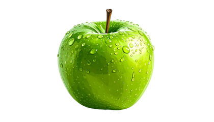 A vibrant, green apple, glistening with water droplets, isolated on a black background (1)