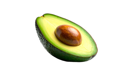 A close-up of a halved avocado, showcasing its green flesh and brown seed, set against black