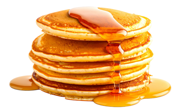 Stack of fluffy golden pancakes drenched in rich, flowing amber syrup, isolated on black