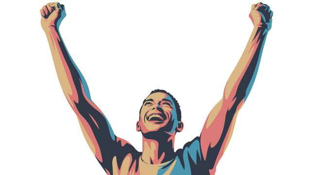 A triumphant individual exults in a gesture of elation and triumph.