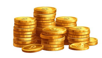 Stacks of shiny gold coins, some scattered, on a dark background
