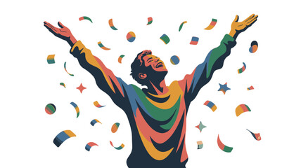 A man celebrating a moment with joy and colorful confetti.